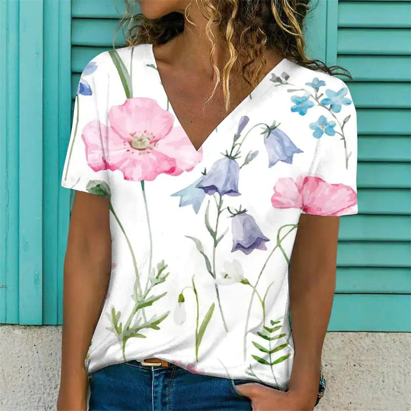 Women's Casual V-Neck T-Shirt with Floral Print