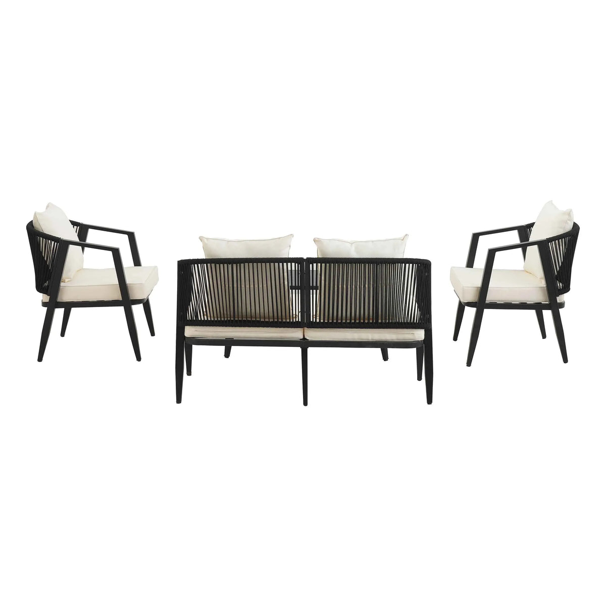 Side view of durable iron-framed outdoor chairs with beige cushions arranged around a square table.