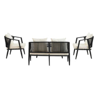 Side view of durable iron-framed outdoor chairs with beige cushions arranged around a square table.