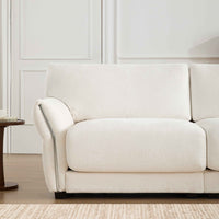 White L-shaped sectional sofa with extra-wide seat cushions and built-in USB charging port, seating for four.