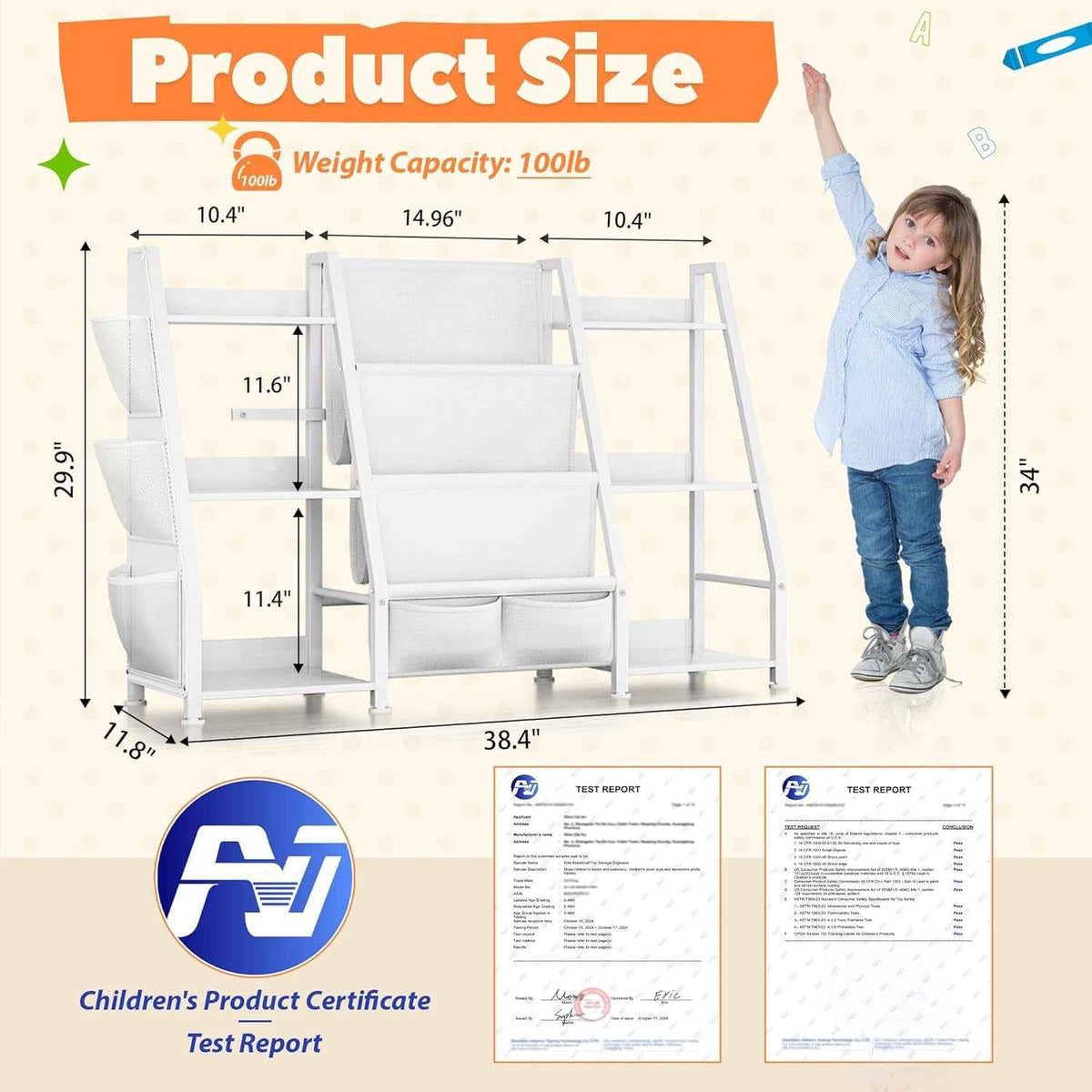 3 Tier Kids Bookshelf Toy Organizer In White Wood And Metal