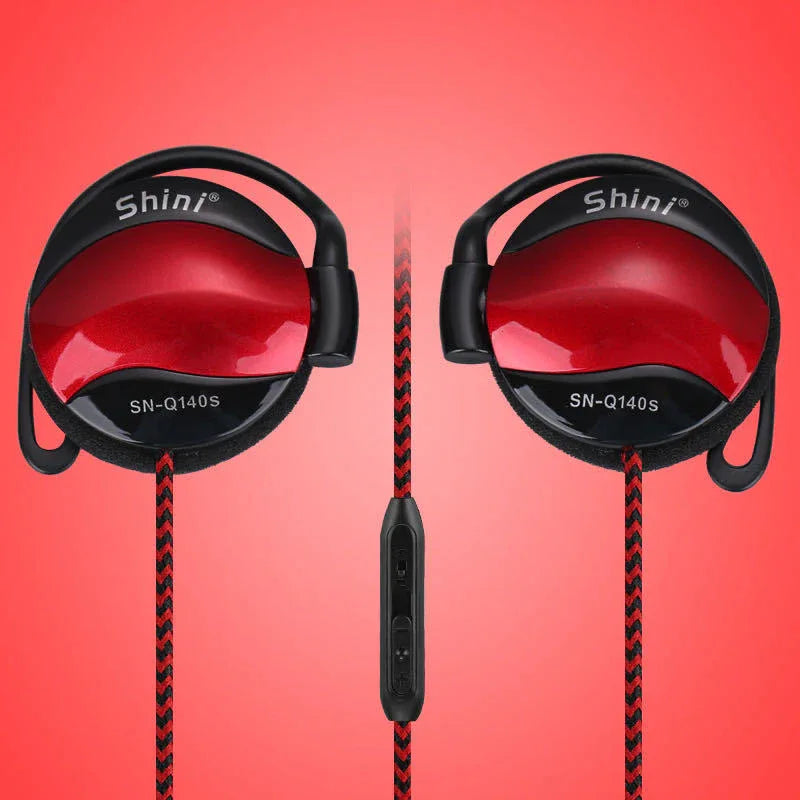 Black ear hook headphones with attached microphone and 3.5mm plug on white background.