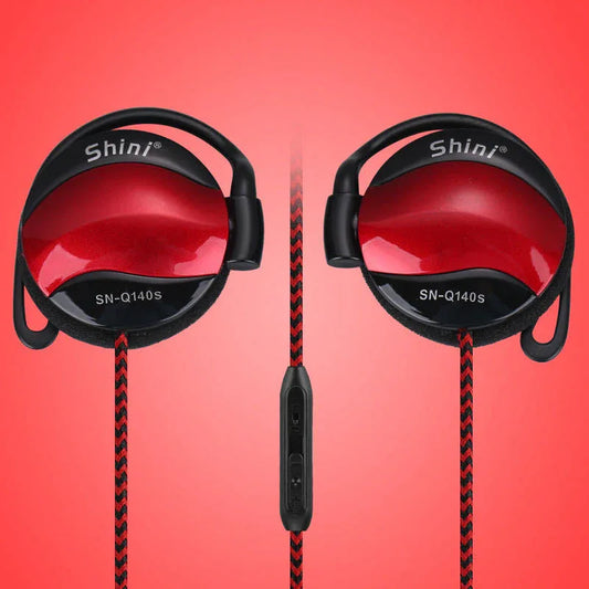 Black ear hook headphones with attached microphone and 3.5mm plug on white background.