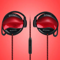 Black ear hook headphones shown from multiple angles with microphone and plug visible.