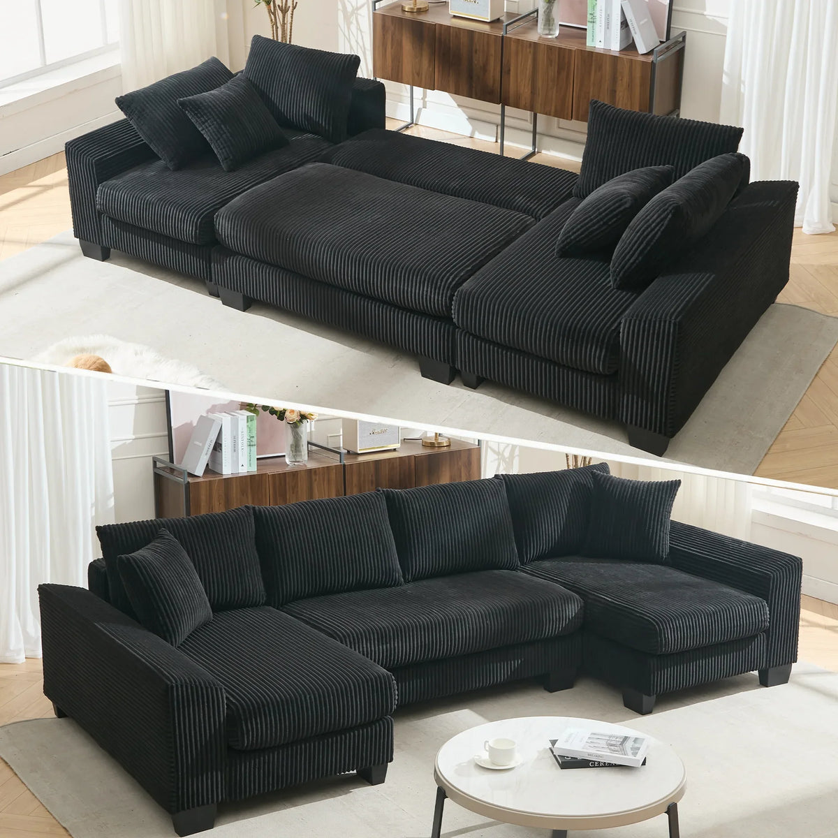 Diagram showing dimensions and layout of 114-inch U-shaped sleeper sofa with pull-out bed.