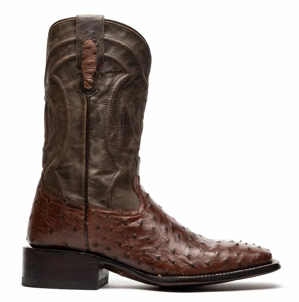 Front angle close-up of brown Alabama cowboy boot highlighting ostrich quill pattern