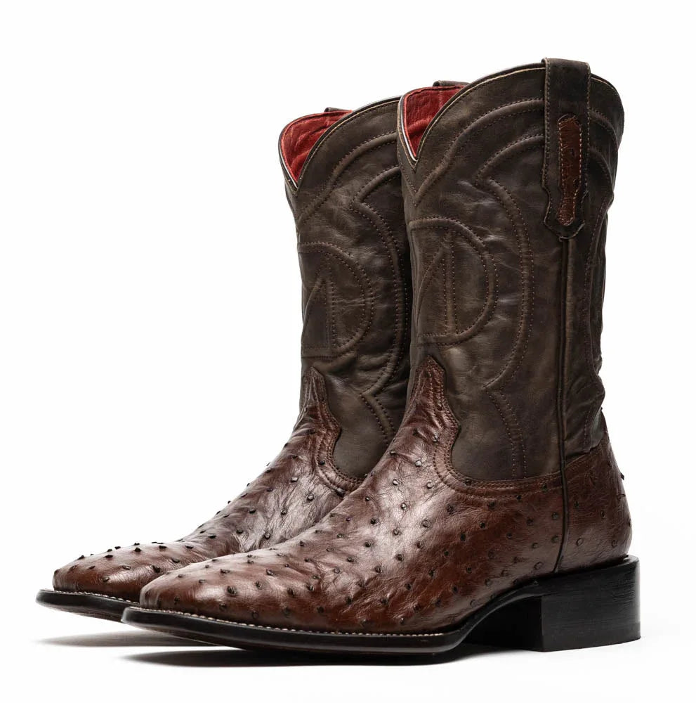 Brown ostrich skin cowboy boot displayed on white background showing square toe shape