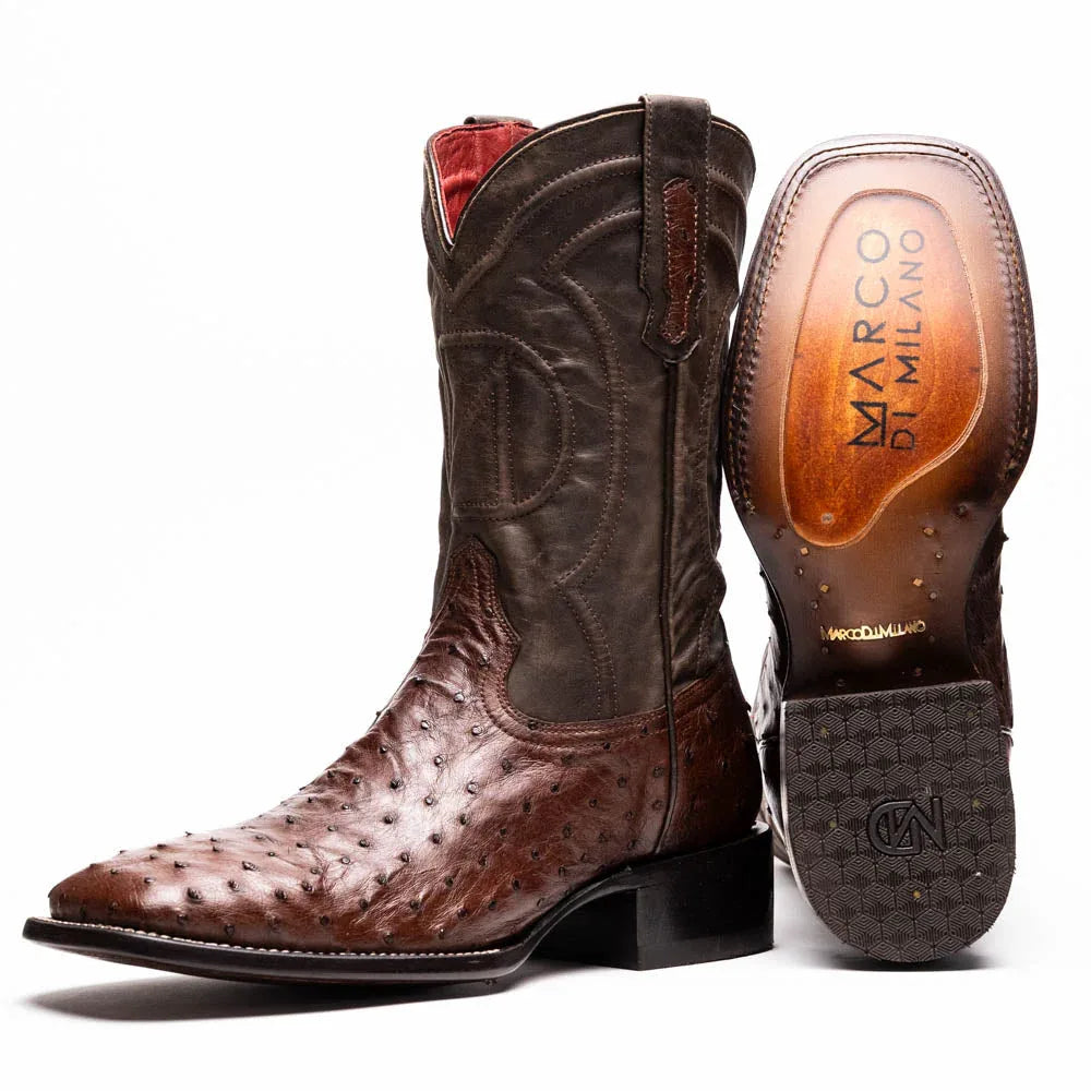 Close-up of brown ostrich skin cowboy boot with square toe and detailed quill texture