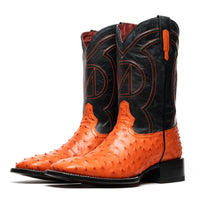 Close-up of ostrich quill leather on vamp and distinct square toe of Alabama cowboy boot.