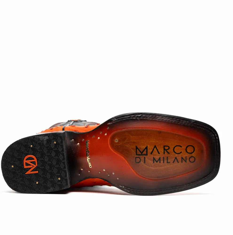 Back view showing black leather shaft and distinct heel of Alabama ostrich cowboy boot.
