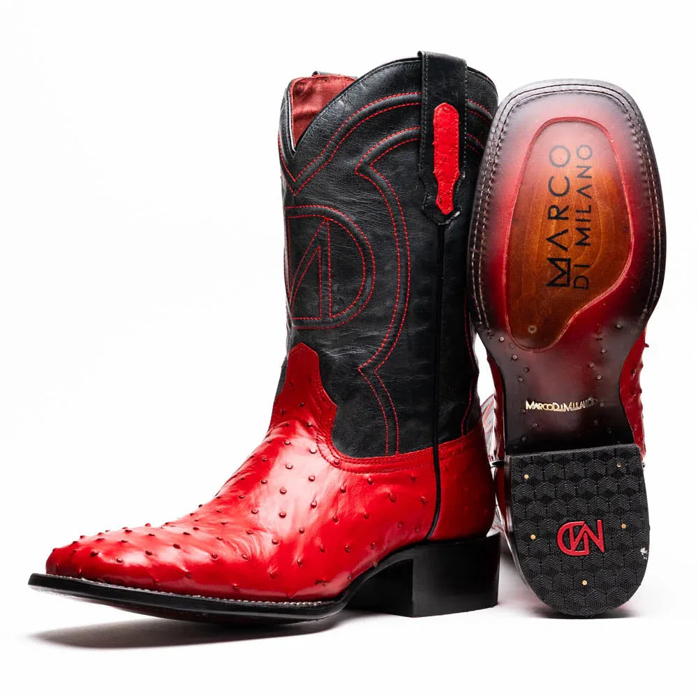 Close-up of Alabama Red cowboy boot showing ostrich skin texture and square toe.