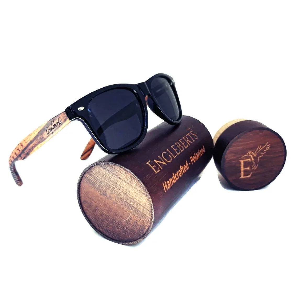 Zebrawood sunglasses displayed inside a bamboo wooden case with stars and stripes design.