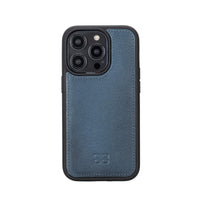 Close-up of RFID-protected leather wallet case for iPhone 14 series featuring card slots and MagSafe compatibility.