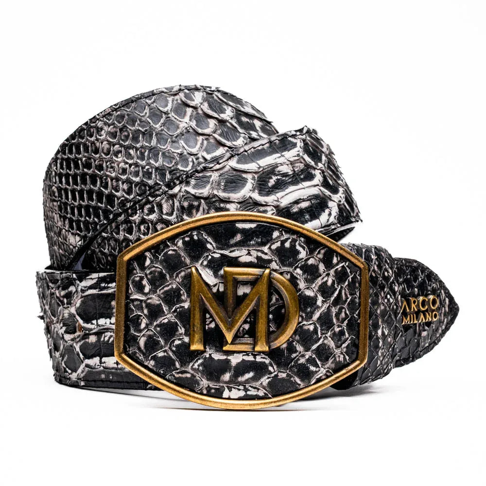 Close-up of ARKANSAS genuine python skin belt with antique brass western buckle on white background.