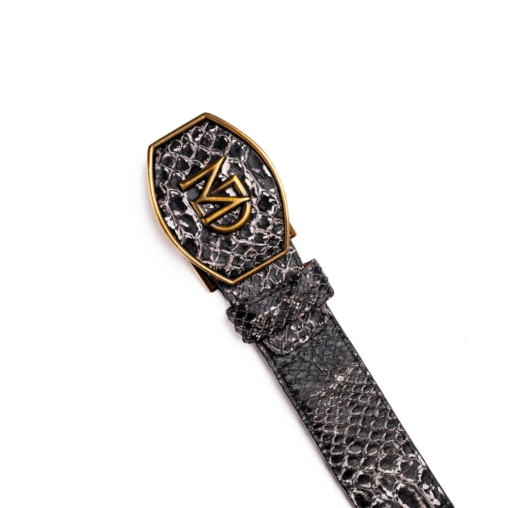 Side view of ARKANSAS python skin belt showing textured scales and leather lining with brass buckle.