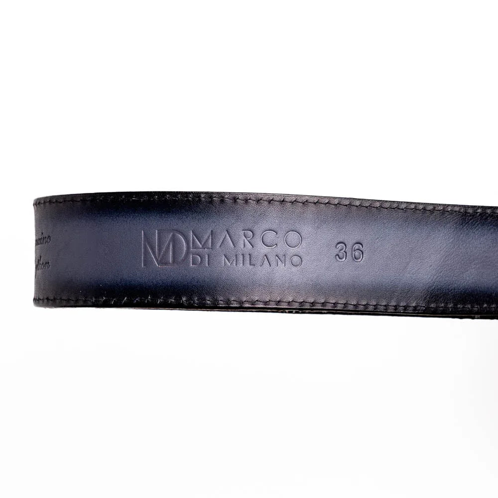 Flat lay of ARKANSAS python skin belt coiled to display genuine python texture and antique buckle.