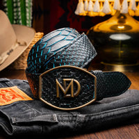 Person wearing Arkansas python skin belt styled with jeans, showing belt and buckle detail