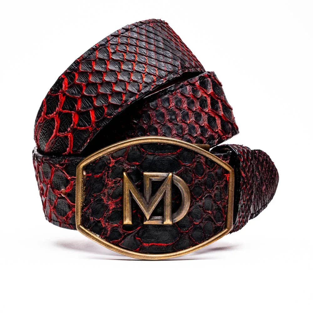 Close-up of Arkansas Belt in Black Cherry showing genuine python skin texture and antique brass buckle.