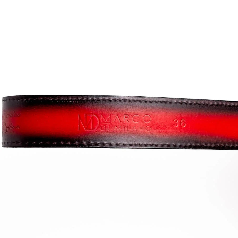 Detailed view of the Arkansas Belt's python skin scale pattern and leather lining in Black Cherry.