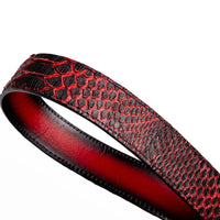 Side angle of Arkansas python skin Western belt highlighting texture and buckle design.