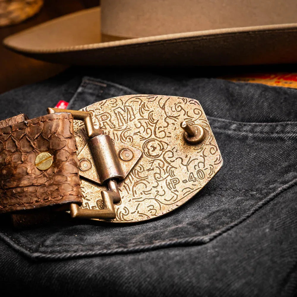 Side view of the brown python belt worn with Western-inspired outfit