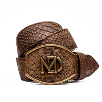 Close-up of brown genuine python skin belt with antique brass Western buckle