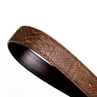 Brown python belt coiled to highlight its texture and full-grain leather lining