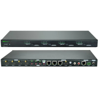 Front view of a 4x4 matrix switch with multiple HDMI and HDBaseT ports, black tech device with ventilation