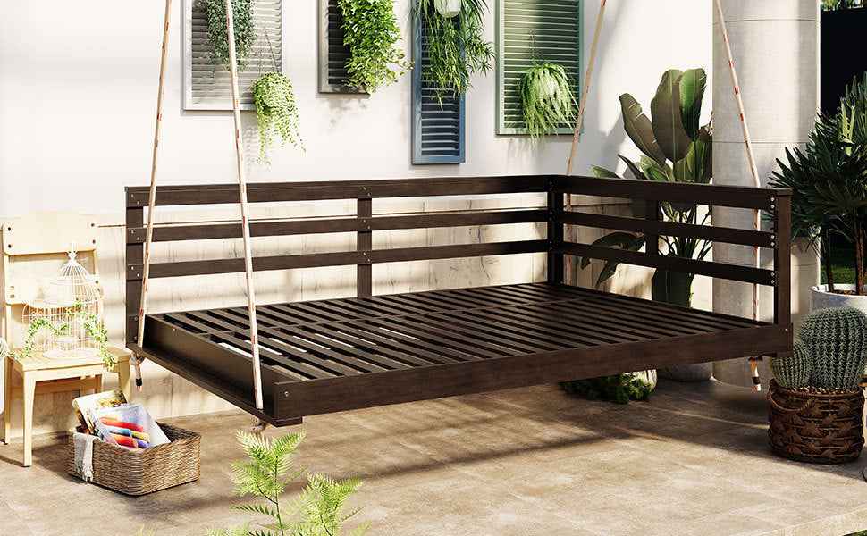 Acacia Wood Porch Swing Bed for Outdoor with Hemp Ropes - Full Size