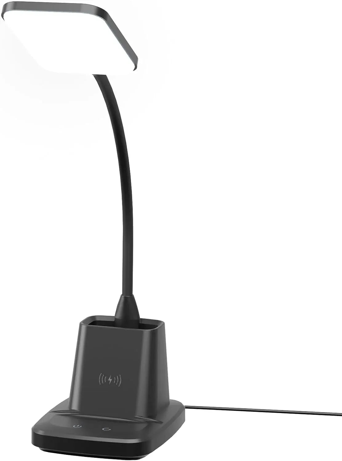 Desk scene showing LED lamp, wireless charging phone, and workspace essentials.
