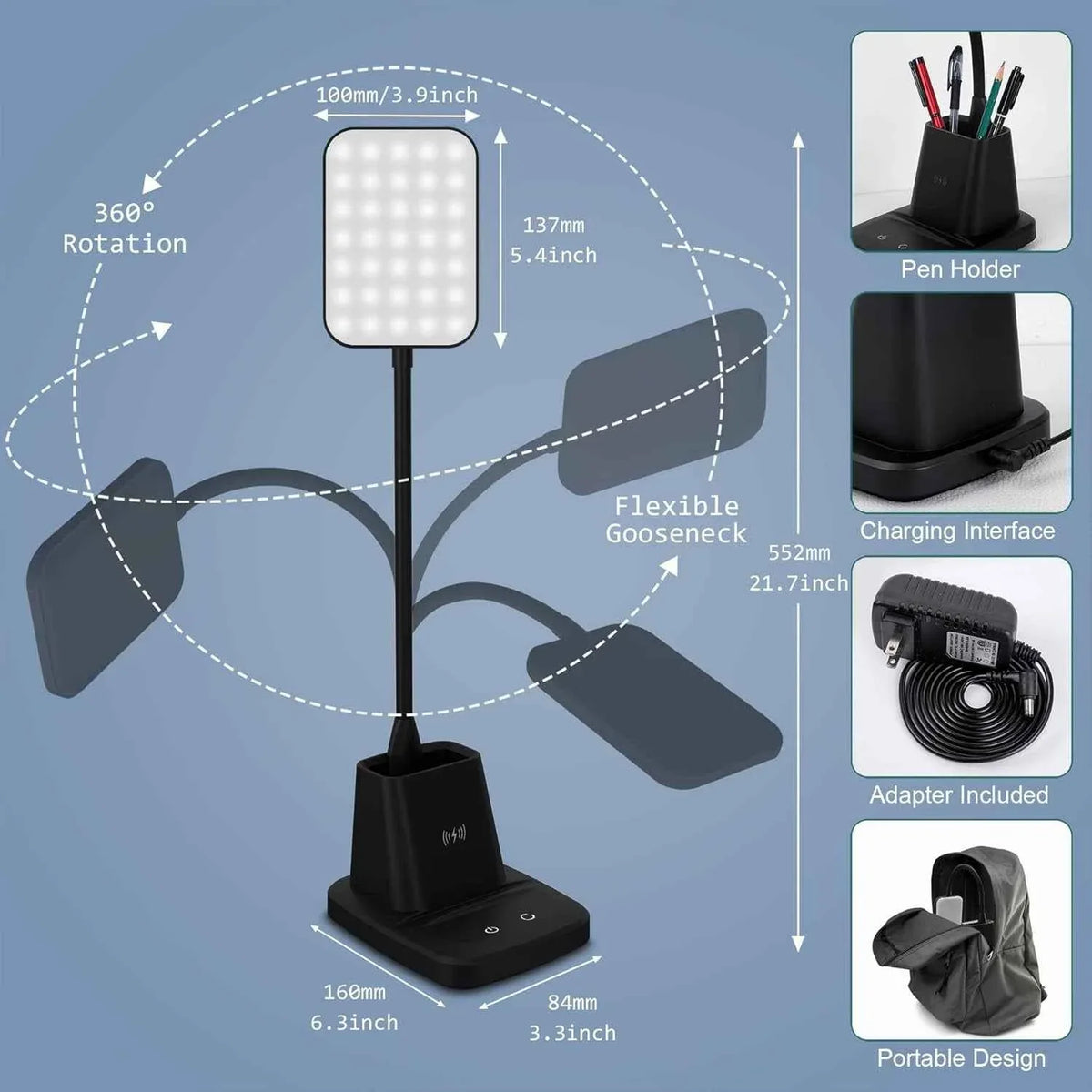 Lamp base showing built-in wireless charger with a charging phone placed on it.