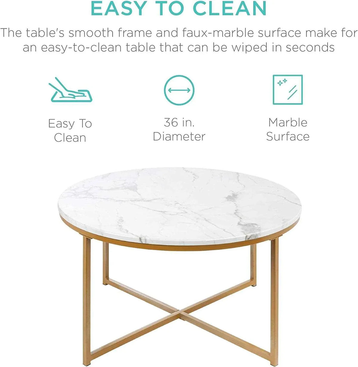Round Coffee Table With Faux Marble Top Cross Leg Design