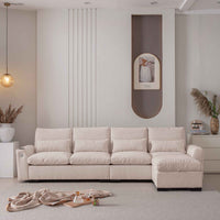 Beige L-shaped modular sofa with chenille upholstery and a reversible ottoman in a modern living room setting.