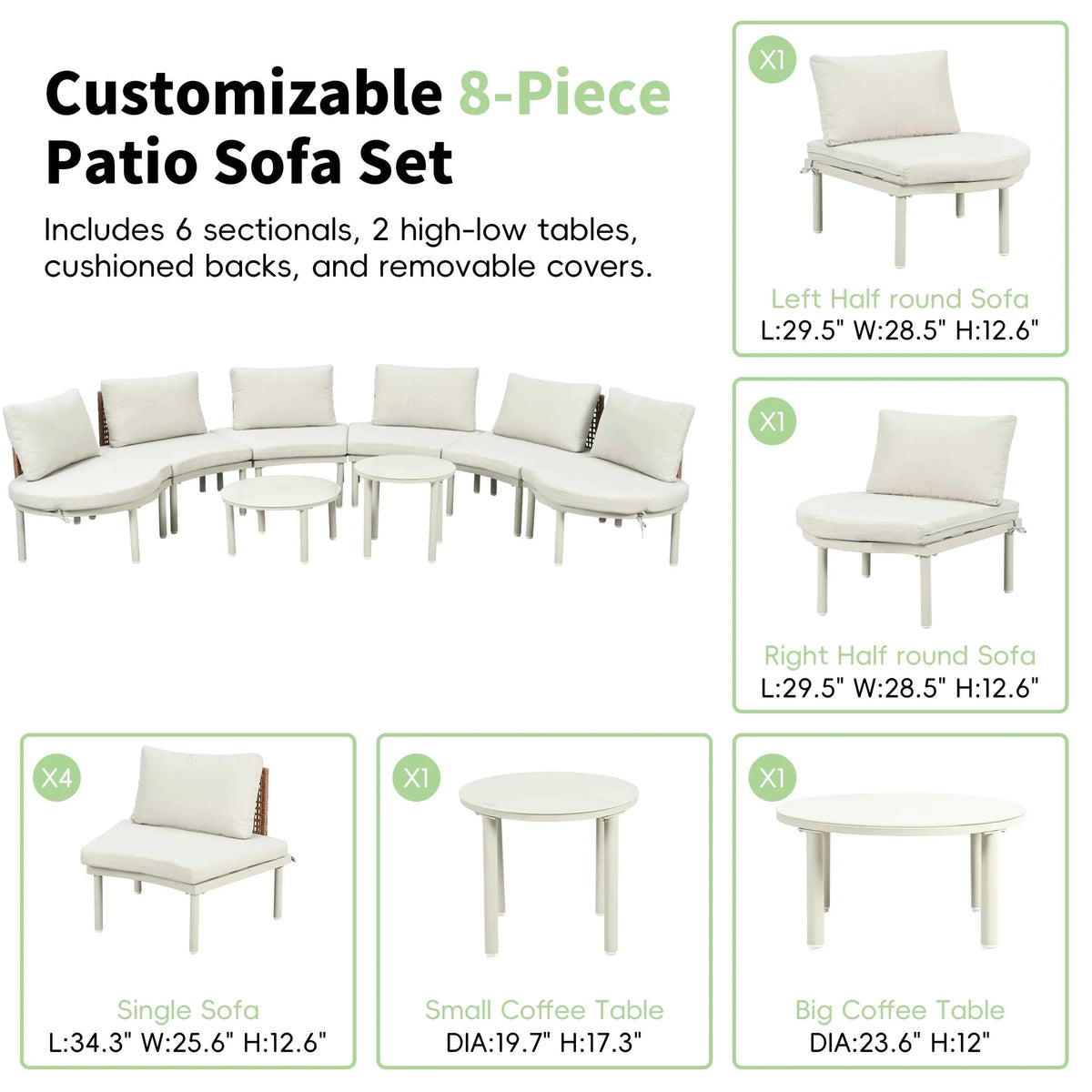 Side view of half moon patio sofa set showing weather-resistant frame and cushions
