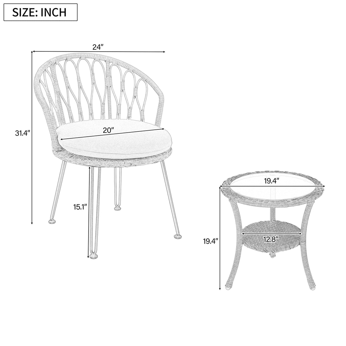 Outdoor Leisure Set, 2 Rattan Single Chairs with A Glass Round Table,