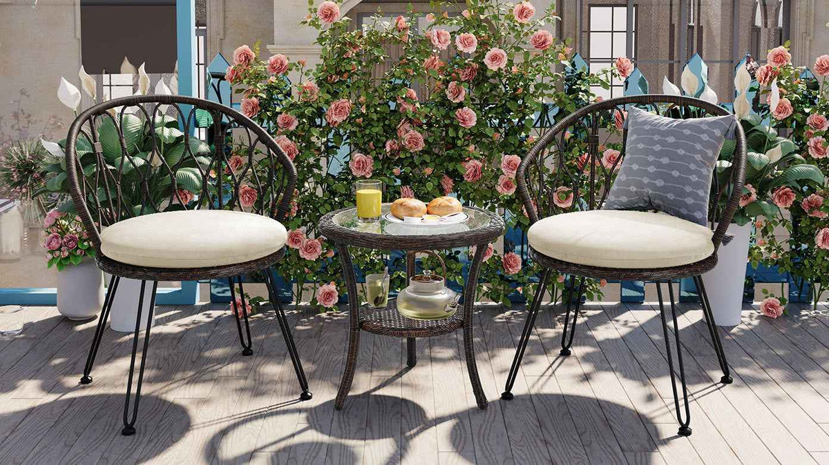 Outdoor Leisure Set, 2 Rattan Single Chairs with A Glass Round Table,