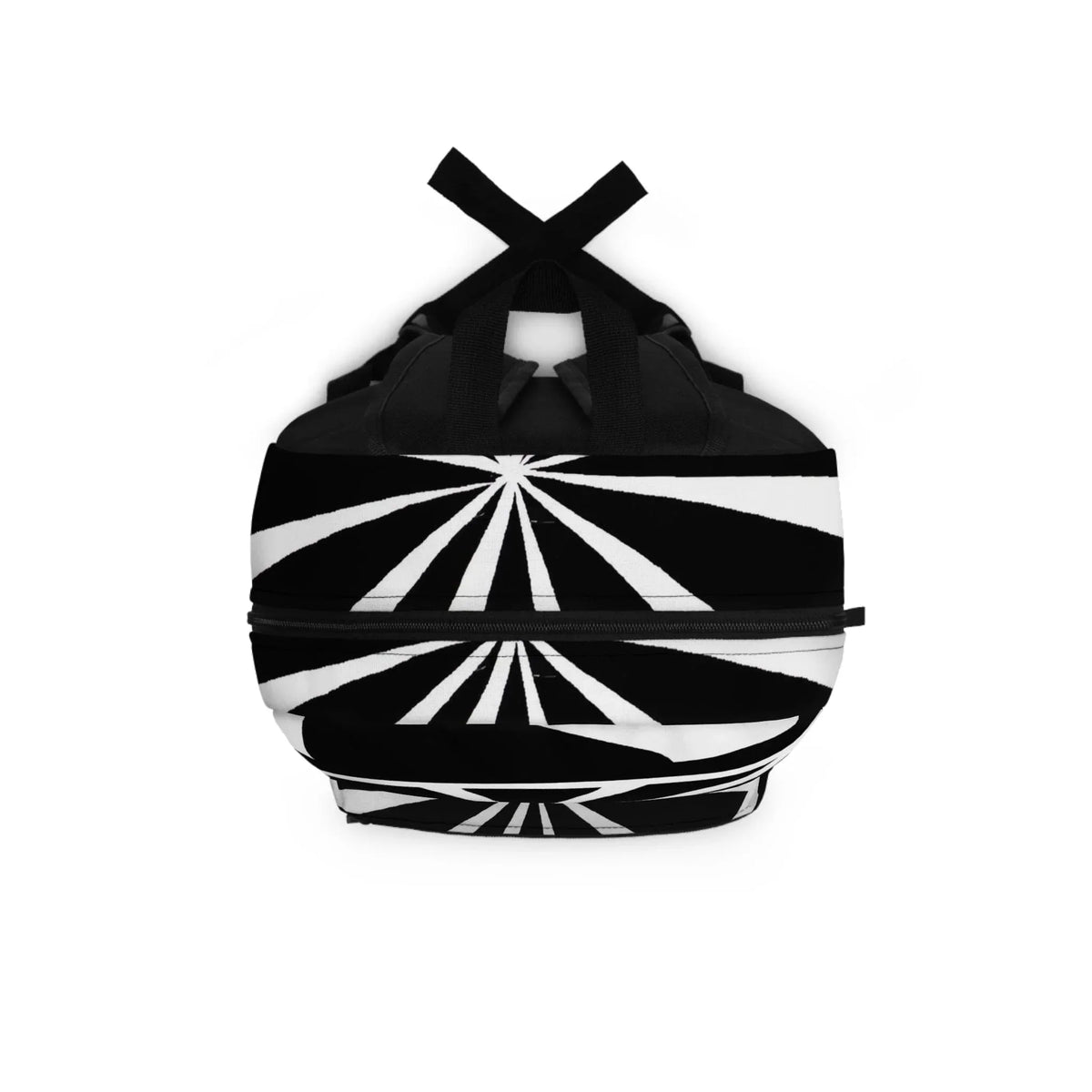 Close-up of geometric patterned fabric and zipper on black and white water-resistant backpack.
