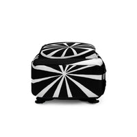 Interior of backpack showing spacious main compartment with black fabric lining.