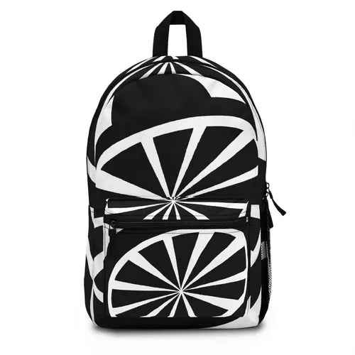 Large fashion backpack in black and white geometric pattern, water-resistant canvas material.