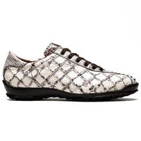 Side view of Batistini sneaker highlighting sleek silhouette and exotic textured leather materials.
