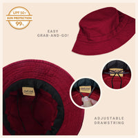 Light brown cotton bucket hat displayed from various angles on white background.