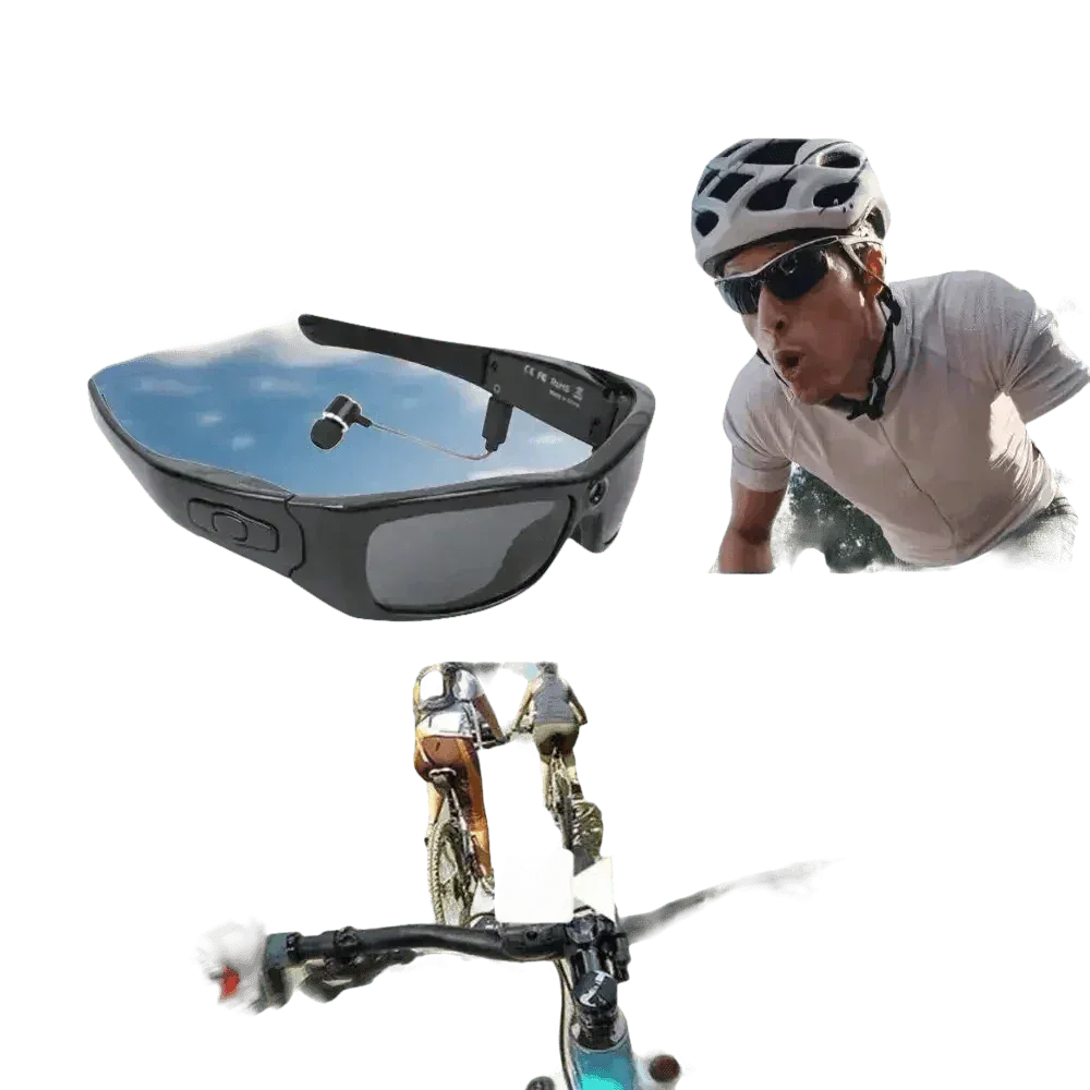 Black camcorder glasses with sleek frame and integrated mini camera detail.