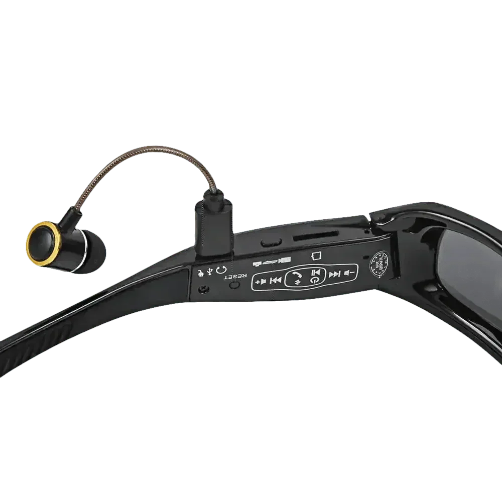 Close-up of black mini camcorder glasses camera with headphones showing frame design.