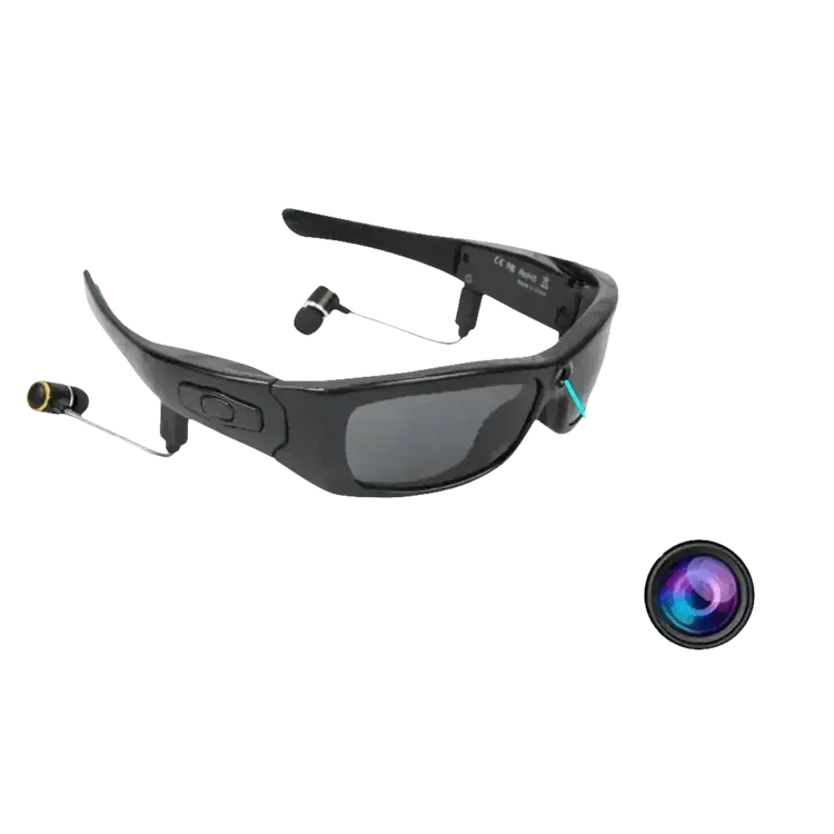 Black camcorder sunglasses with built-in camera and headphones on white background.