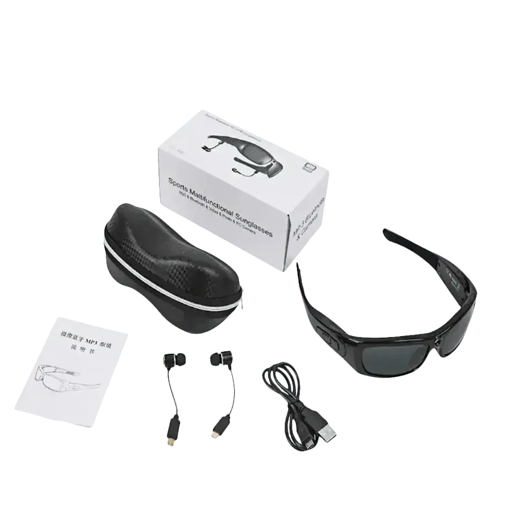 Black camcorder glasses with over-ear headphones displayed on white background.