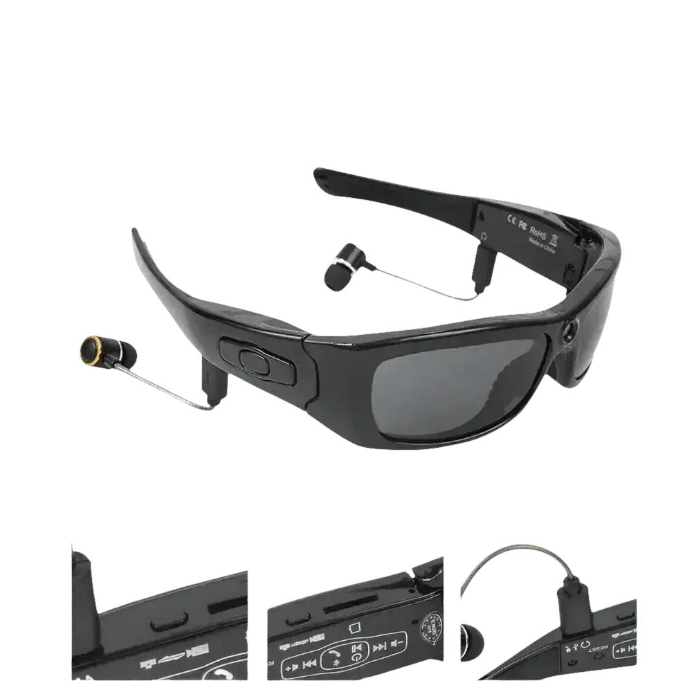 Black sports-style camcorder sunglasses with integrated camera and headphones.