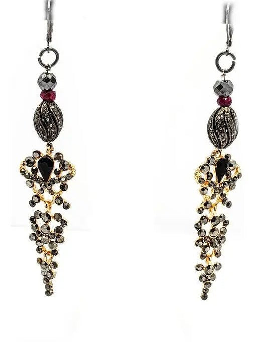 Black Diamonds and Ruby Dangling Earrings