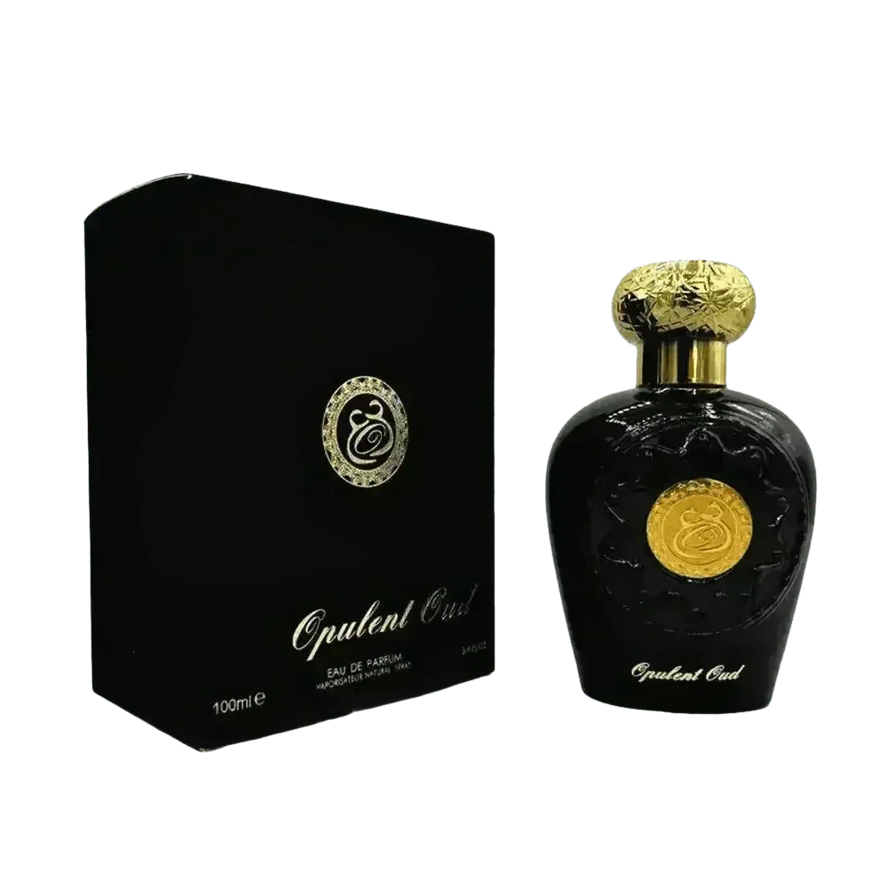 Front view of 100ml black flocking Arabian perfume bottle with gold decorative elements on dark surface.