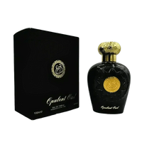 Front view of 100ml black flocking Arabian perfume bottle with gold decorative elements on dark surface.