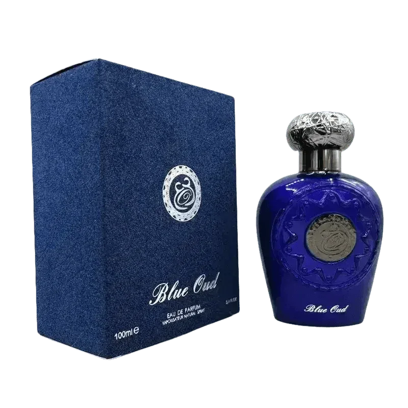 Blue version of Arabian perfume bottle with black flocking and gold detailing, 100ml, vibrant design.
